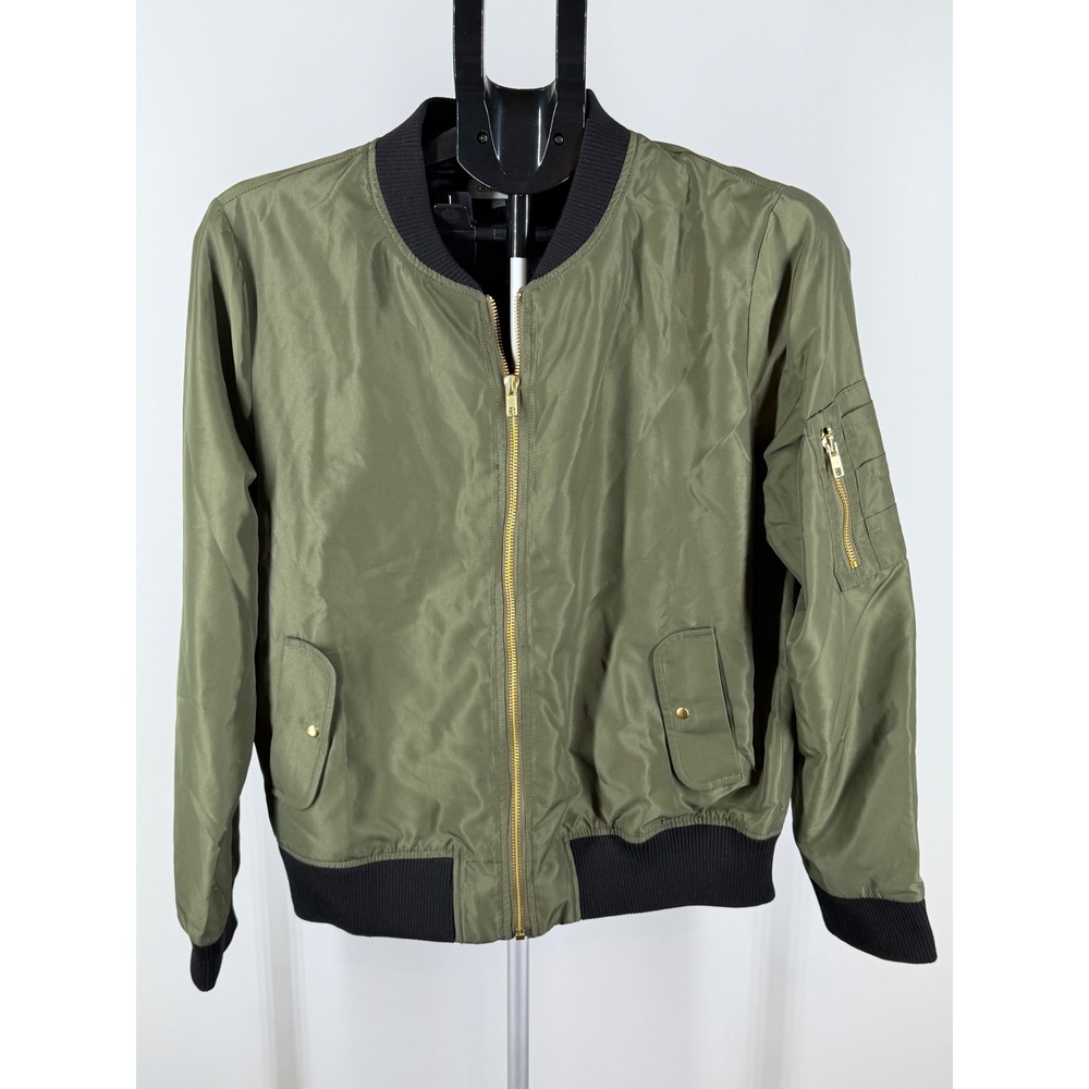 Olivia Grey Women Olive Green Bomber Jacket Gold Zip Utility Pocket‎ Medium